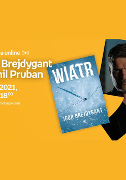 Plakat ze zdjęciem autora i okładką książki. Po lewej białe napisy informujące o wydarzeniu, pomarańczowe tło.