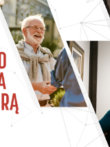 Plakat przedstawiające tytuł Weekend seniora z kulturą oraz trzy zdjęcia seniorów, grającego na skrzypcach, oglądającą obraz oraz rozmawiającego.