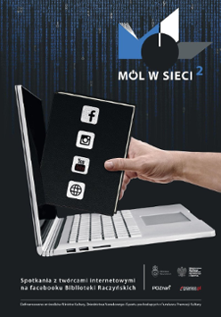 Plakat przedstawiający rękę wkładającą książkę do ekranu latopa.