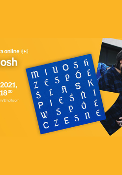 Plakat ze zdjęciem Miuosha i okładką płyty. Po lewej białe napisy informujące o wydarzeniu, pomarańczowe tło.