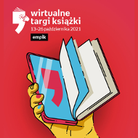 Dłoń trzymająca smartfon i książkę. Czerwone tło, biały napis na górze z nazwą wydarzenia.