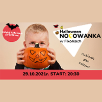 Chłopiec trzyma w dłoniach połówkę dyni, która zakrywa mu dolną część twarzy. W tle nazwa wydarzenia i data.