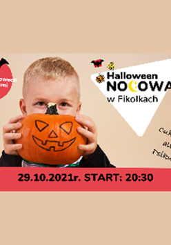 Chłopiec trzyma w dłoniach połówkę dyni, która zakrywa mu dolną część twarzy. W tle nazwa wydarzenia i data.