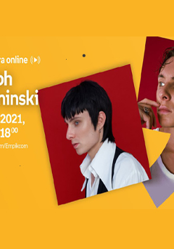 Plakat z informacjami o wydarzeniu, pomarańczowe tło. Po prawej dwa zdjęcia Ralpha Kaminskiego.