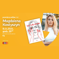 Plakat wydarzenia ze zdjęciem Magdaleny Kostyszyn i okładką książki. Po lewej białe napisy informujące o wydarzeniu, pomarańczowe tło.
