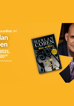 Plakat wydarzenia ze zdjęciem autora i okładką książki. Po lewej białe napisy informujące o wydarzeniu, pomarańczowe tło.