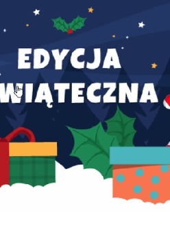 Świąteczna noc. Zapakowane prezenty stoja na śniegu. Na górze napis: "Edycja świateczna".