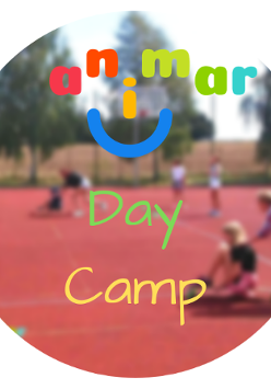Kolorowy napis "Animar - Day Camp", na rozmazanym tle grupa dzieci na boisku.