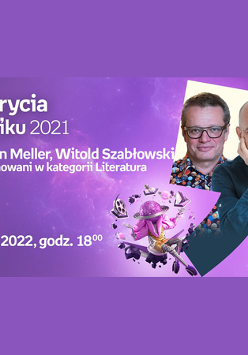 Po prawej w ramce zdjęcia Marcina Mellera i Witolda Szabłowskiego. Białe napisy, fioletowe tło.