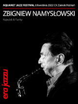 Czarno-biały plakat reklamujący koncert w ramach cyklu Era Jazzu.