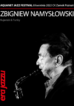 Czarno-biały plakat reklamujący koncert w ramach cyklu Era Jazzu.