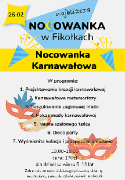 plakat wydarzenia z programem zajęć; w tle maski karnawałowe