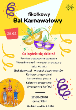 na żółtym tle wypisane są atrakcje wydarzenia; do góry widoczne maski karnawałowe