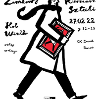 plakat przedstawiający czarno-biały rysunek mężczyzny idącego z kolorowym obrazkiem w ręce