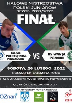 plakat wydarzenia sportowego; po lewej stronie zawodnik KU AZS Politechniki Poznańskiej; po prawej stronie zawodnik KS Warty Poznań