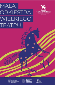 Plakat na którym znajduje się nazwa wydarzenia i loga sponsorów. Na fioletowym tle abstrakcyjny koń pośród żółtych linii.