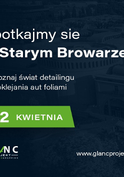Po lewej stronie plakatu samochód marki Porshe, w centralnej części informacje dotyczące wydarzenia, po prawej stronie widoczny gmach Starego Browaru.