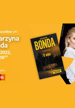 Plakat wydarzenia ze zdjęciem pisarki po prawej i okładką nowej płyty. Po lewej białe napisy informujące o wydarzeniu, pomarańczowe tło.