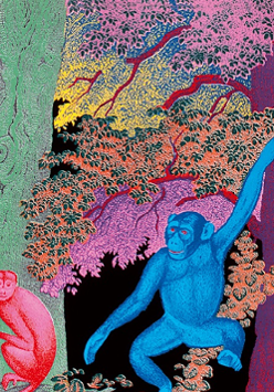 Zwisające z drzew kolorowe małpy.