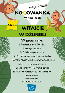 Grafika przedstawia na górze dwie małpki, po bokach zielone liście. Na środku tytuł wydarzenia i program zawarty w treści.