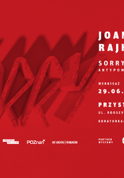 Czerwony plakat informacyjny z białym tekstem.