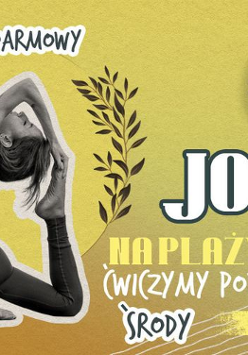 KObieta uprawiająca jogę na zółtym tle plakatu.