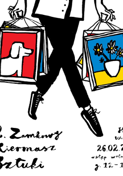 Fragment czarnych spodni i butów, z tyłu kolorowe obrazki: jeden z nich przedstawia psa, drugi kwiaty w doniczce. W dolnej części czarne napisy informujące o wydarzeniu.