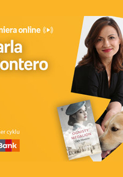 Plakat ze zdjęciem pisarki i okładką książki w prawej części. W części lewej u góry białe napisy na pomarańczowym tle.