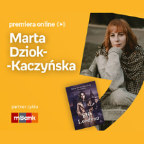 Plakat ze zdjęciem pisarki i okładką książki w prawej części. W części lewej u góry białe napisy na pomarańczowym tle.