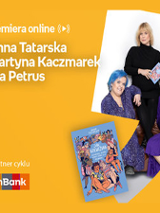 Plakat ze zdjęciem autorki i okładką książki. Białe napisy informujące o wydarzeniu na pomarańczowym tle.