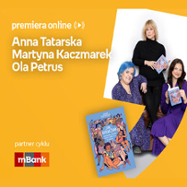 Plakat ze zdjęciem autorki i okładką książki. Białe napisy informujące o wydarzeniu na pomarańczowym tle.