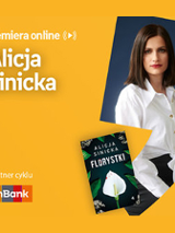 Plakat ze zdjęciem autorki i okładką książki. Białe napisy informujące o wydarzeniu na pomarańczowym tle.