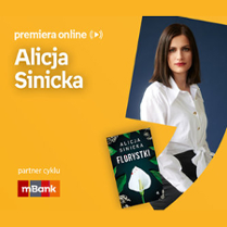 Plakat ze zdjęciem autorki i okładką książki. Białe napisy informujące o wydarzeniu na pomarańczowym tle.