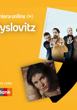 Plakat ze zdjęciem członków zespołu i okładką płyty. Białe napisy informujące o wydarzeniu na pomarańczowym tle.