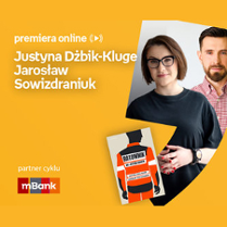 Plakat ze zdjęciem autorów i okładką książki w prawej części. W części lewej u góry białe napisy na pomarańczowym tle.