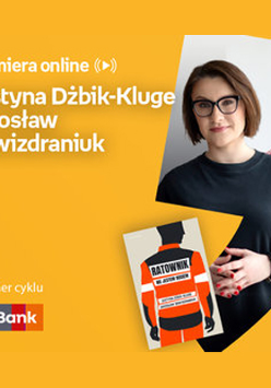 Plakat ze zdjęciem autorów i okładką książki w prawej części. W części lewej u góry białe napisy na pomarańczowym tle.