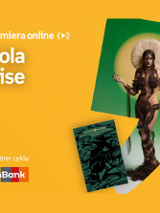 Plakat ze zdjęciem piosenkarki i okładką płyty w prawej części. W części lewej u góry białe napisy na pomarańczowym tle.