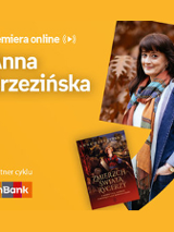 Plakat ze zdjęciem pisarki i okładką książki w prawej części. W części lewej u góry białe napisy na pomarańczowym tle.