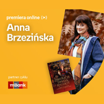 Plakat ze zdjęciem pisarki i okładką książki w prawej części. W części lewej u góry białe napisy na pomarańczowym tle.