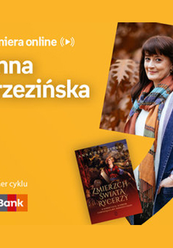 Plakat ze zdjęciem pisarki i okładką książki w prawej części. W części lewej u góry białe napisy na pomarańczowym tle.