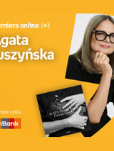 Plakat ze zdjęciem pisarki i okładką książki w prawej części. W części lewej u góry białe napisy na pomarańczowym tle.