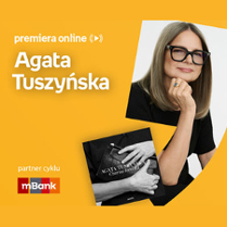 Plakat ze zdjęciem pisarki i okładką książki w prawej części. W części lewej u góry białe napisy na pomarańczowym tle.