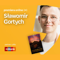 Plakat ze zdjęciem autora i okładką książki w prawej części. W części lewej u góry białe napisy na pomarańczowym tle.