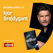 Plakat ze zdjęciem pisarza i okładką książki. Białe napisy informujące o wydarzeniu na pomarańczowym tle.