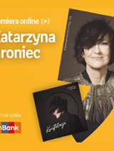 Plakat ze zdjęciem artystki i okładką płyty. Białe napisy informujące o wydarzeniu na pomarańczowym tle.