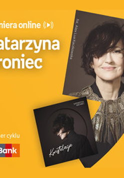 Plakat ze zdjęciem artystki i okładką płyty. Białe napisy informujące o wydarzeniu na pomarańczowym tle.