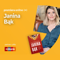 Plakat ze zdjęciem pisarki i okładką książki w prawej części. W części lewej u góry białe napisy na pomarańczowym tle.