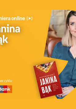 Plakat ze zdjęciem pisarki i okładką książki w prawej części. W części lewej u góry białe napisy na pomarańczowym tle.