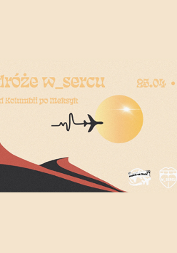 Kolorowa grafika przedstawiająca kontur wydm, żółte słońce i lecący na jego tle samolot.