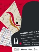 Na pierwszym planie widnieje widziany z góry kształt fortepianu, na którym umieszczono informacje o koncercie dostępne w artykule. Na dalszym planie, na czerwonym tle widać zapisy nut oraz karty z nutami i odręcznymi kolorowymi notatkami.
